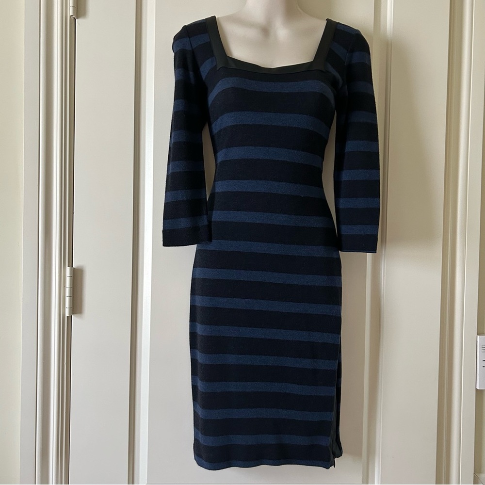 BEBE Blue/Black Striped Stretch Knit Dress, Faux Leather, Square Neck, Size S